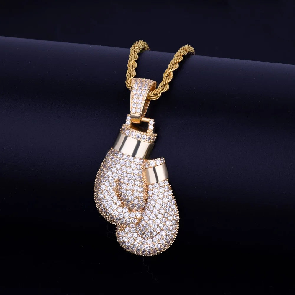 Bubble Letter Boxing Gloves Pendant Necklace & Pendant Gold Color Iced Cubic Zircon Men's Hip Hop Jewelry - Uknowucme