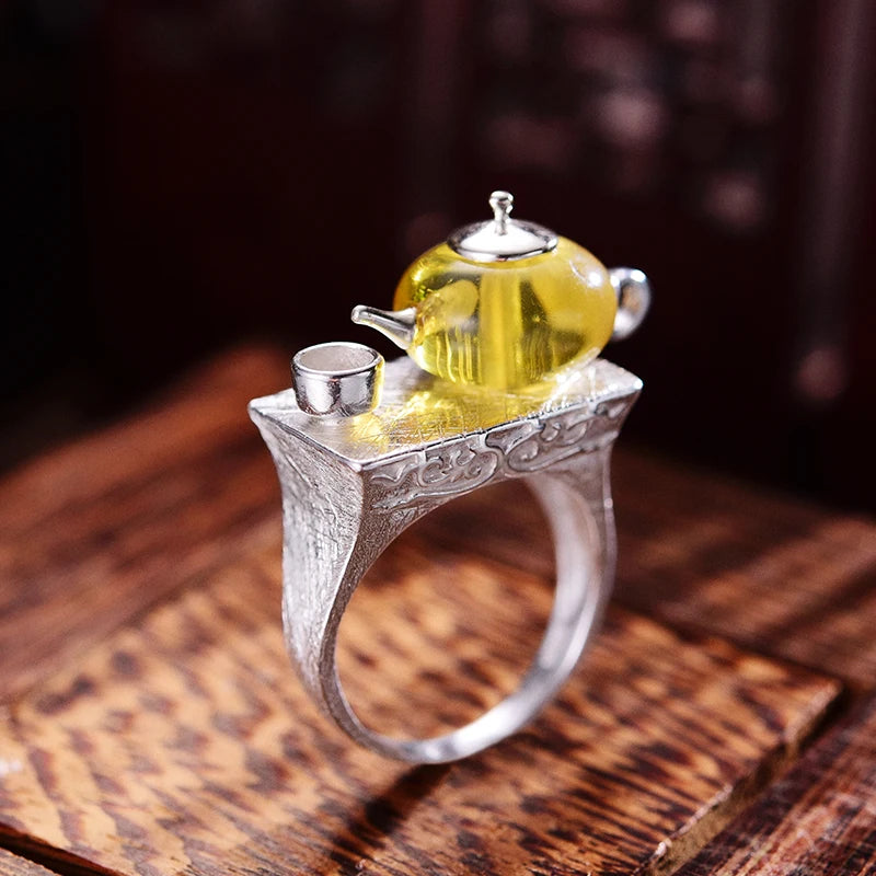 Lotus Fun Real 925 Sterling Silver Natural Amber Ring Original Handmade Fine Jewelry Vintage Cute Teapot Rings for Women Bijoux - Uknowucme