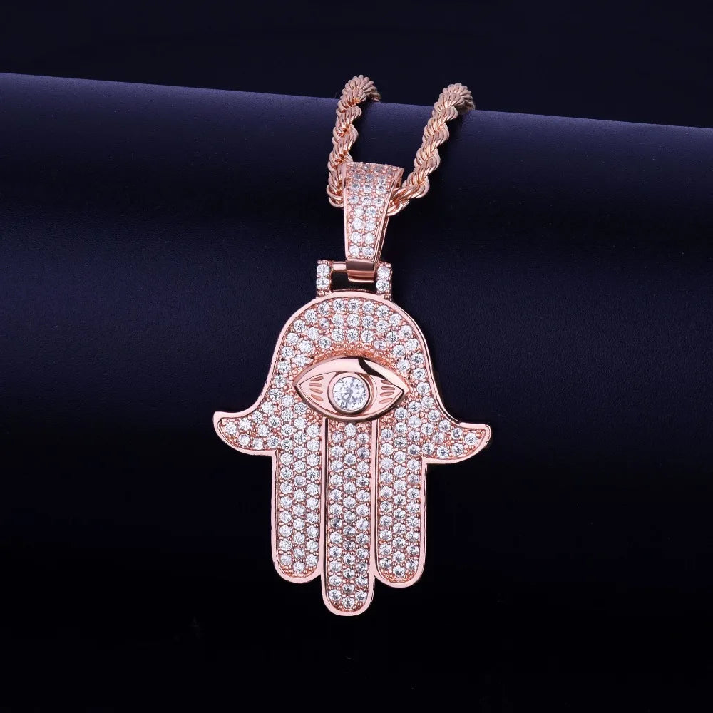 Bubble Letter Iced Hand Pendant Necklace Gold Color Cubic Zircon Men's Hip Hop Jewelry - Uknowucme