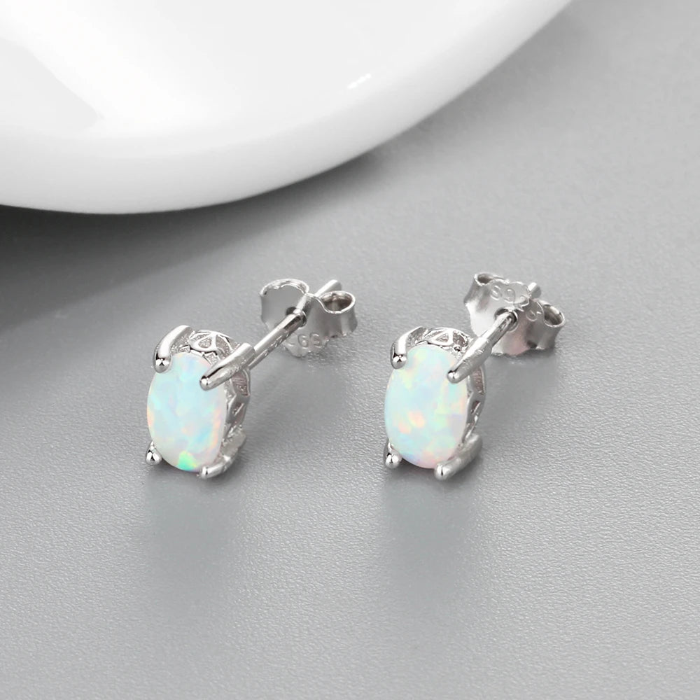 925 Sterling Silver Opal Stud Earrings Cute Small Oval White Fire Opal Earrings Fine Jewelry Wedding Gift (Lam Hub Fong) - Uknowucme