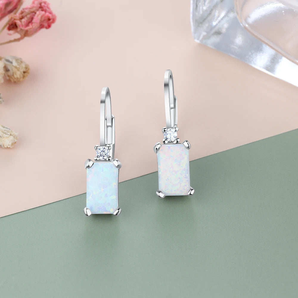 925 Sterling Silver Earrings Rectangular Created White Opal Earrings Fine Jewelry Accessories for Women Wedding Anniversary Gift - Uknowucme