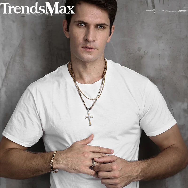 Men's Cross Necklace Gold Color Black Cross Pendant Stainless Steel Byzantine Chain Necklace 2020 Hip Hop Male Jewelry KP180 - Uknowucme