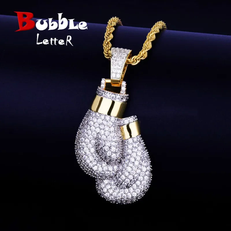 Bubble Letter Boxing Gloves Pendant Necklace & Pendant Gold Color Iced Cubic Zircon Men's Hip Hop Jewelry - Uknowucme