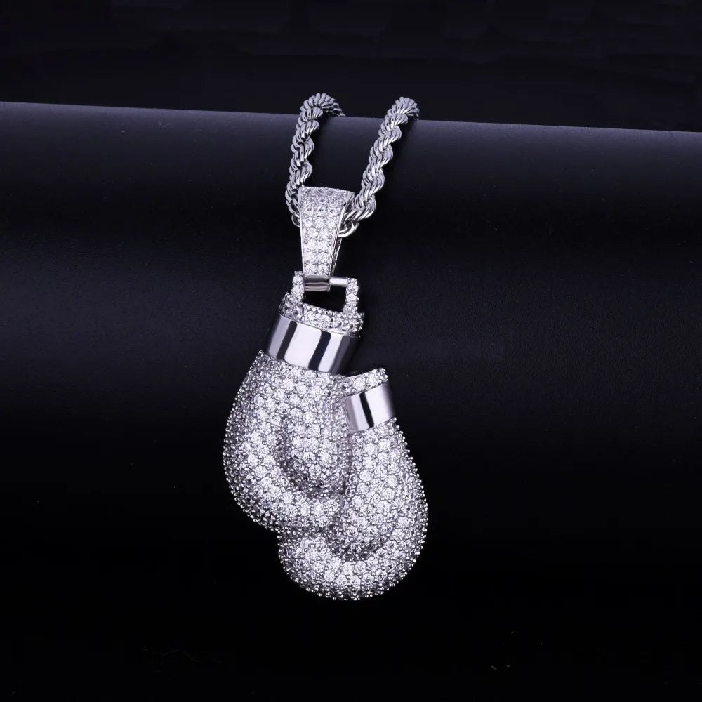 Bubble Letter Boxing Gloves Pendant Necklace & Pendant Gold Color Iced Cubic Zircon Men's Hip Hop Jewelry - Uknowucme