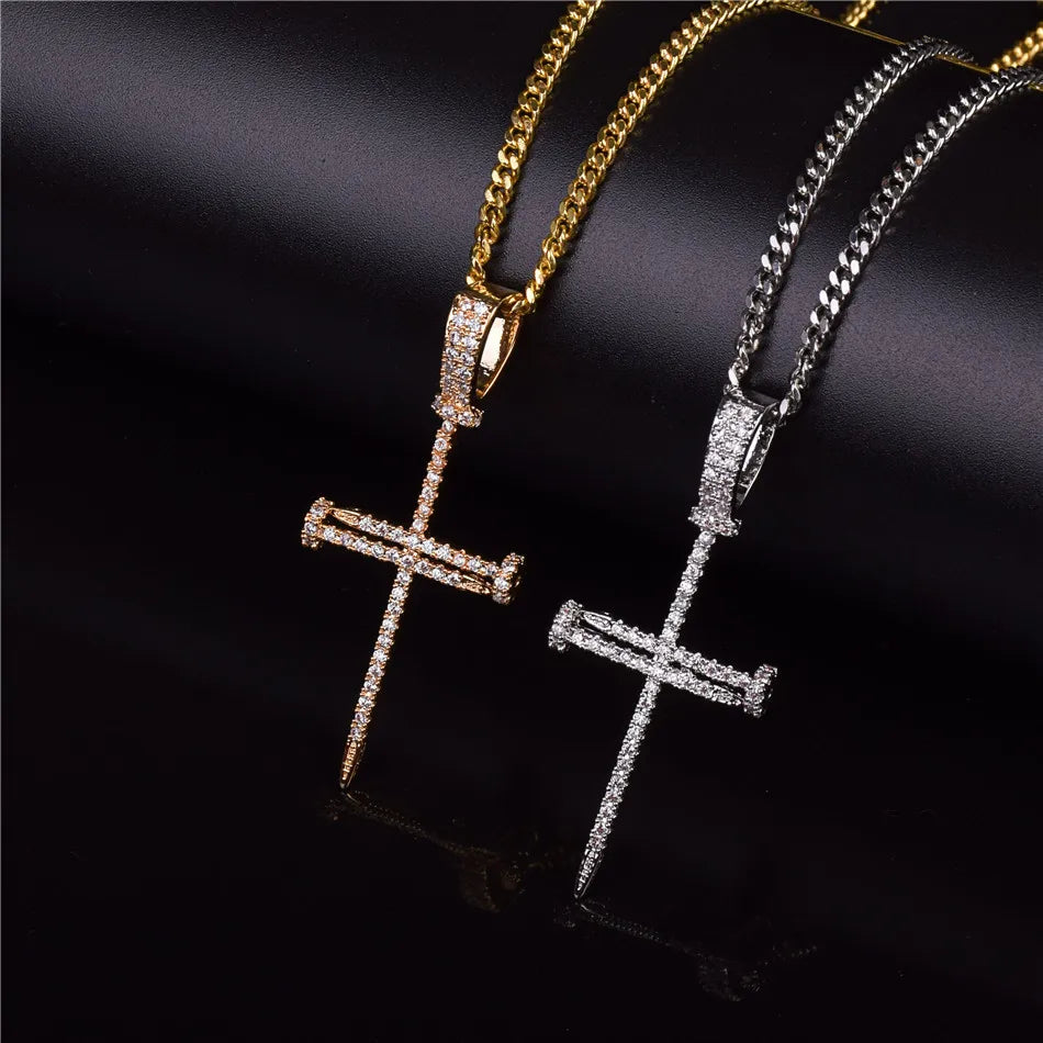 Bubble Letter Nail Cross Pendant Gold Color Copper Material Iced Rock Street Necklace Chain Fashion Hip Hop Jewelry - Uknowucme
