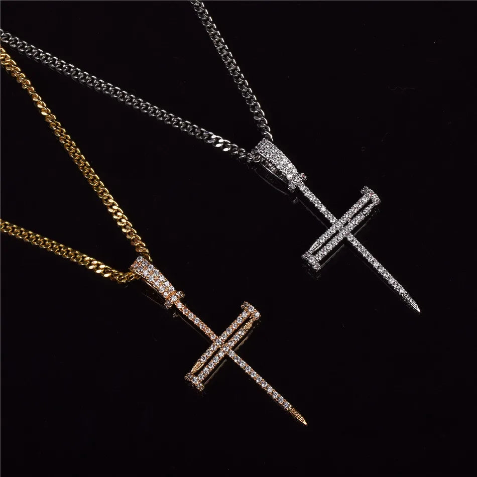Bubble Letter Nail Cross Pendant Gold Color Copper Material Iced Rock Street Necklace Chain Fashion Hip Hop Jewelry - Uknowucme