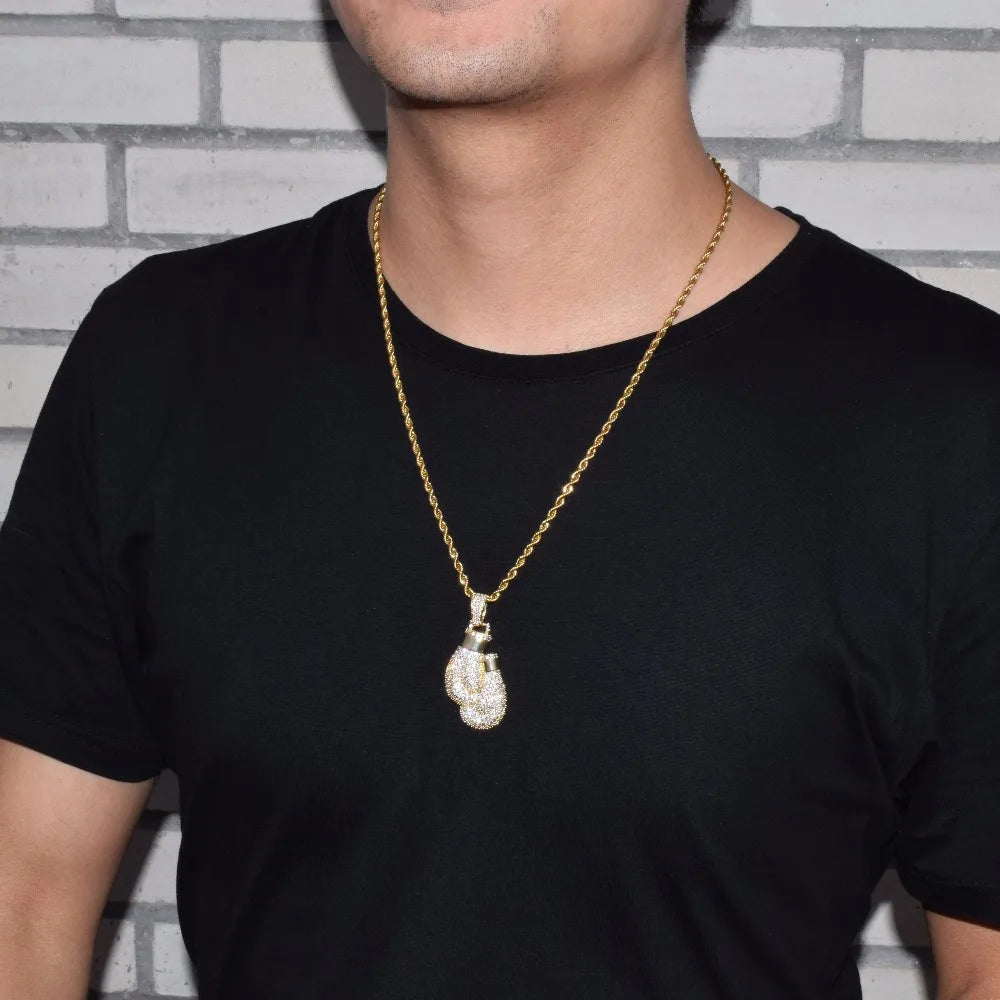 Bubble Letter Boxing Gloves Pendant Necklace & Pendant Gold Color Iced Cubic Zircon Men's Hip Hop Jewelry - Uknowucme