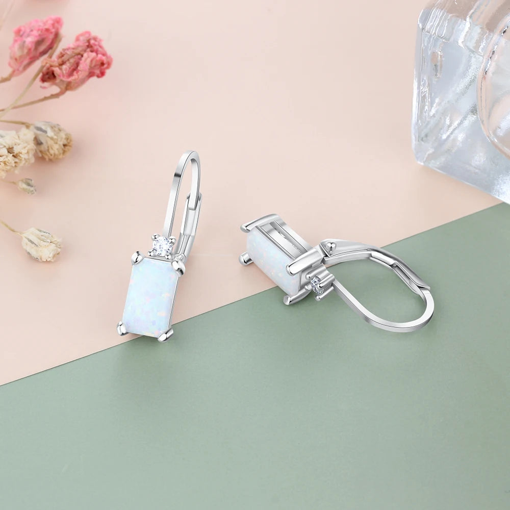 925 Sterling Silver Earrings Rectangular Created White Opal Earrings Fine Jewelry Accessories for Women Wedding Anniversary Gift - Uknowucme