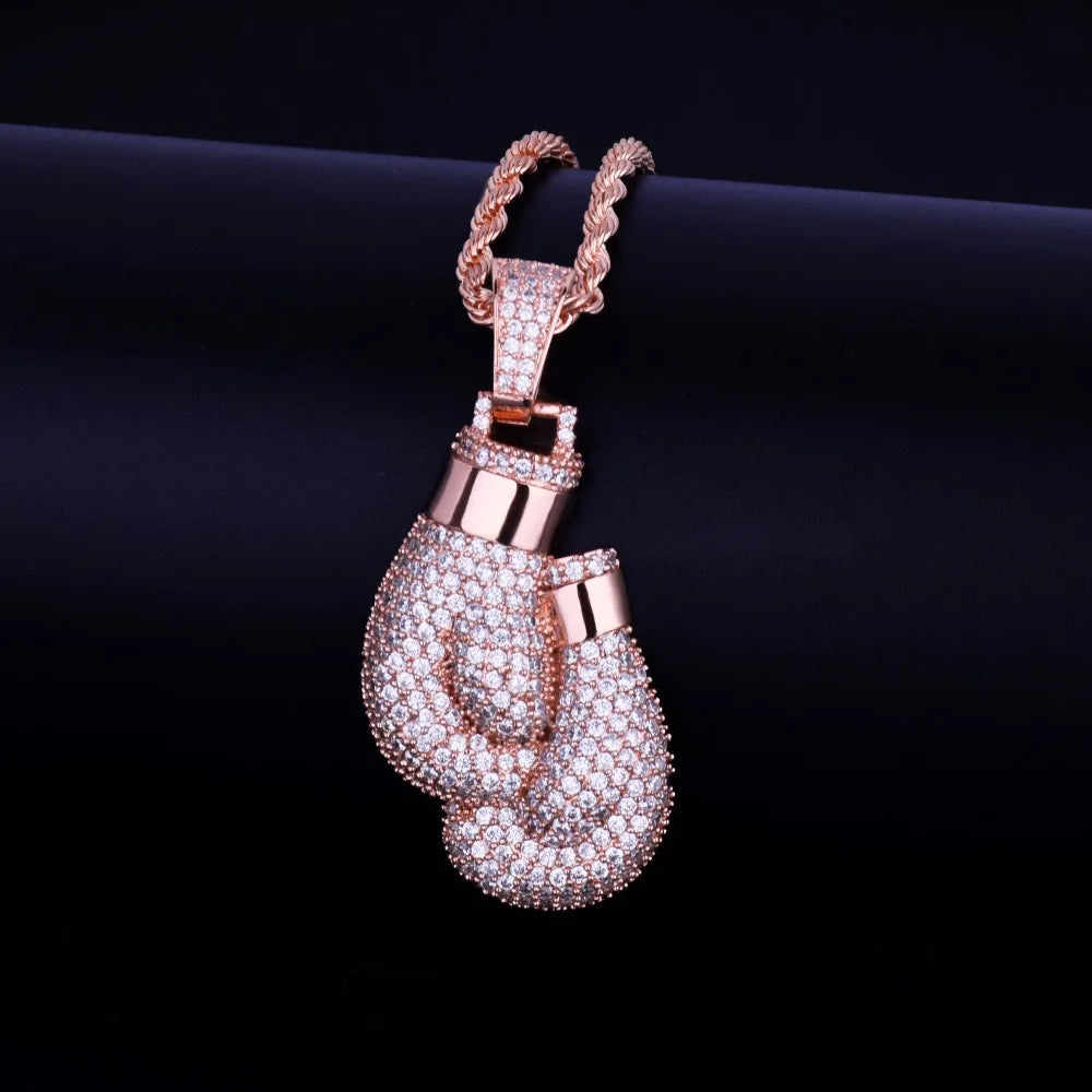 Bubble Letter Boxing Gloves Pendant Necklace & Pendant Gold Color Iced Cubic Zircon Men's Hip Hop Jewelry - Uknowucme