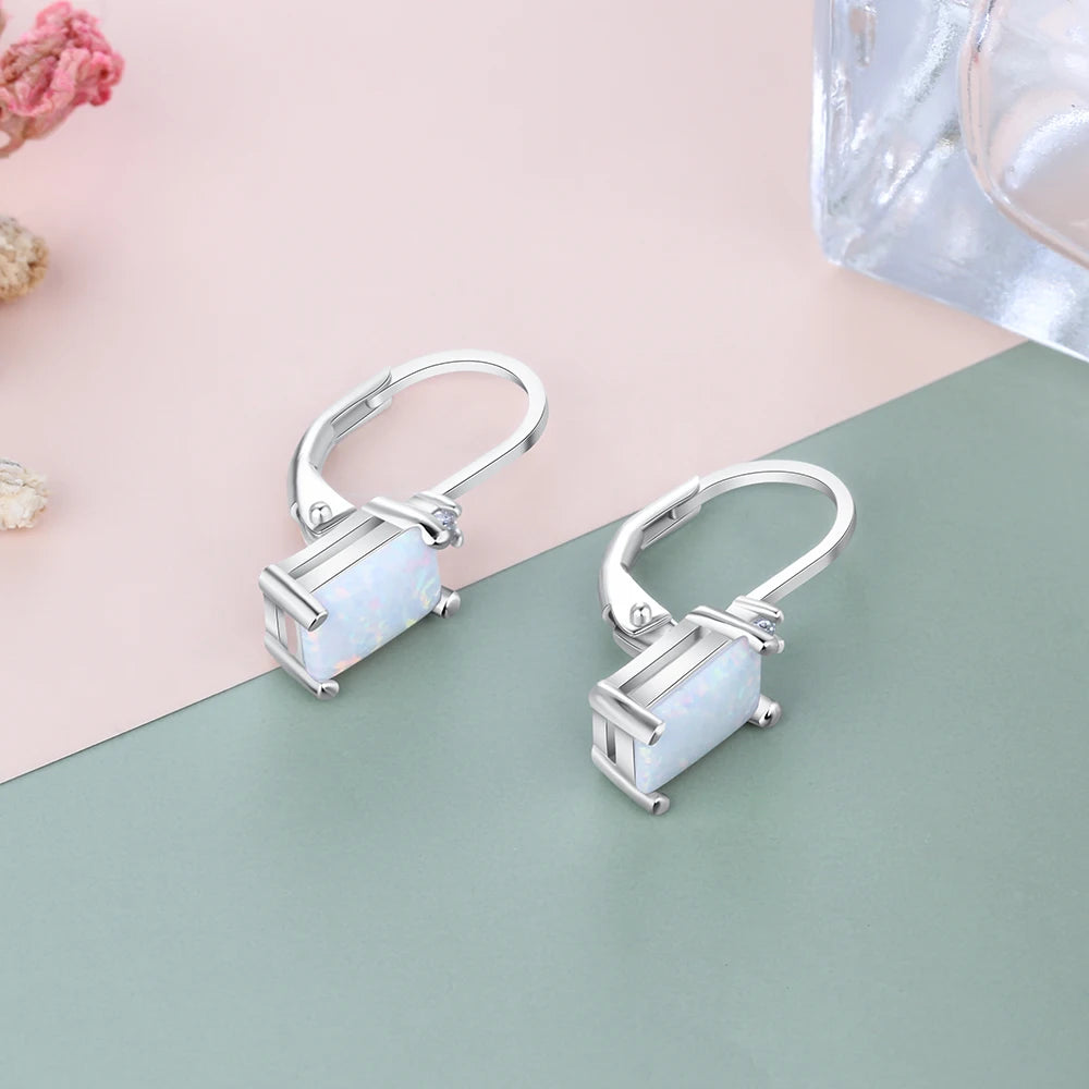 925 Sterling Silver Earrings Rectangular Created White Opal Earrings Fine Jewelry Accessories for Women Wedding Anniversary Gift - Uknowucme