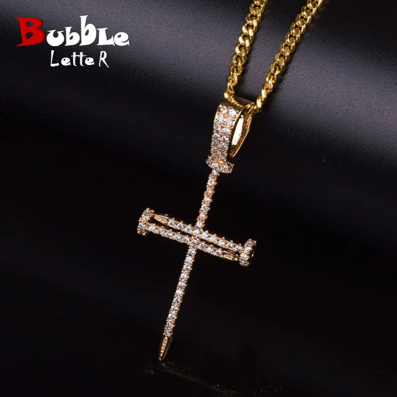 Bubble Letter Nail Cross Pendant Gold Color Copper Material Iced Rock Street Necklace Chain Fashion Hip Hop Jewelry - Uknowucme