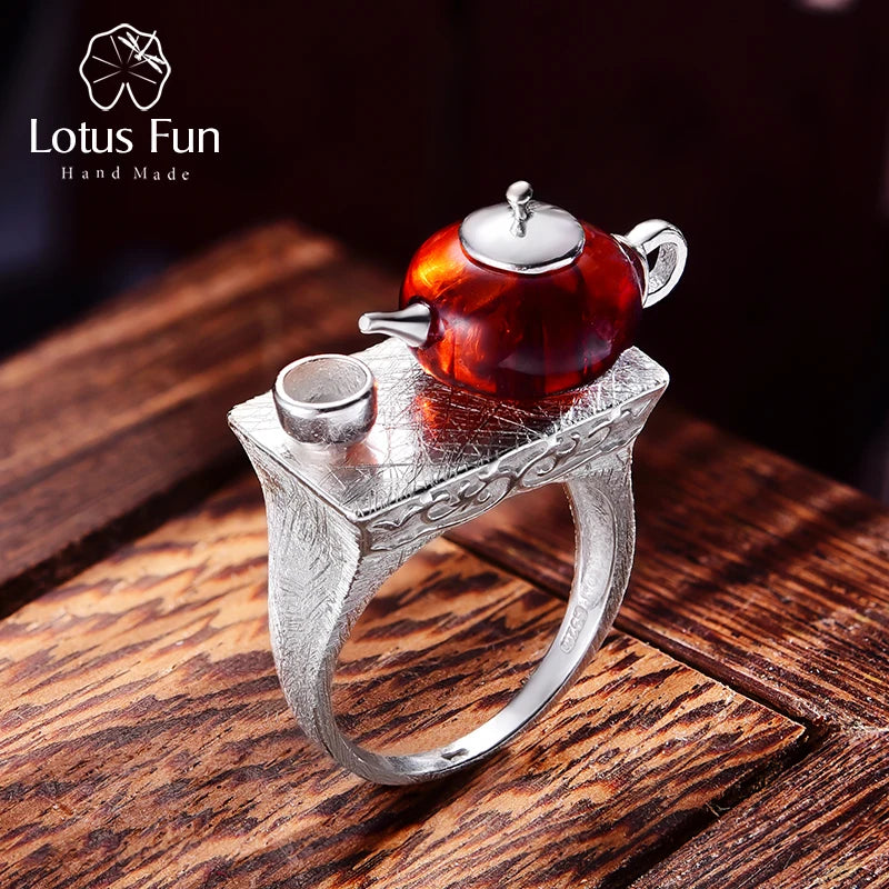 Lotus Fun Real 925 Sterling Silver Natural Amber Ring Original Handmade Fine Jewelry Vintage Cute Teapot Rings for Women Bijoux - Uknowucme
