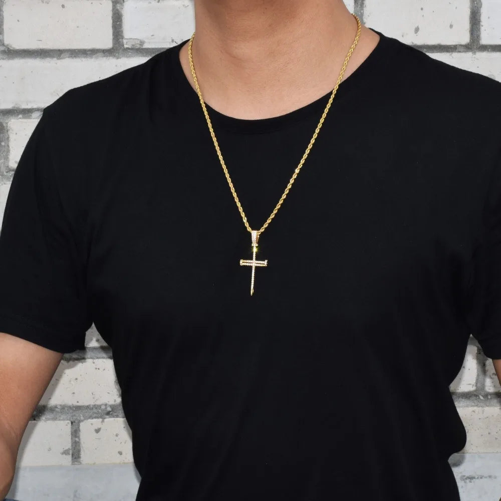 Bubble Letter Nail Cross Pendant Gold Color Copper Material Iced Rock Street Necklace Chain Fashion Hip Hop Jewelry - Uknowucme