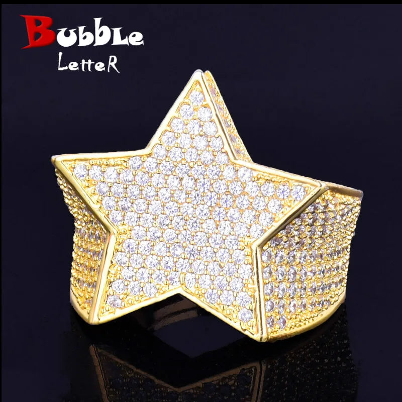Bubble Letter Men Star Rings Charm Gold Color Full Zircon Fashion Hip Hop Rock Jewelry Bague Homme - Uknowucme