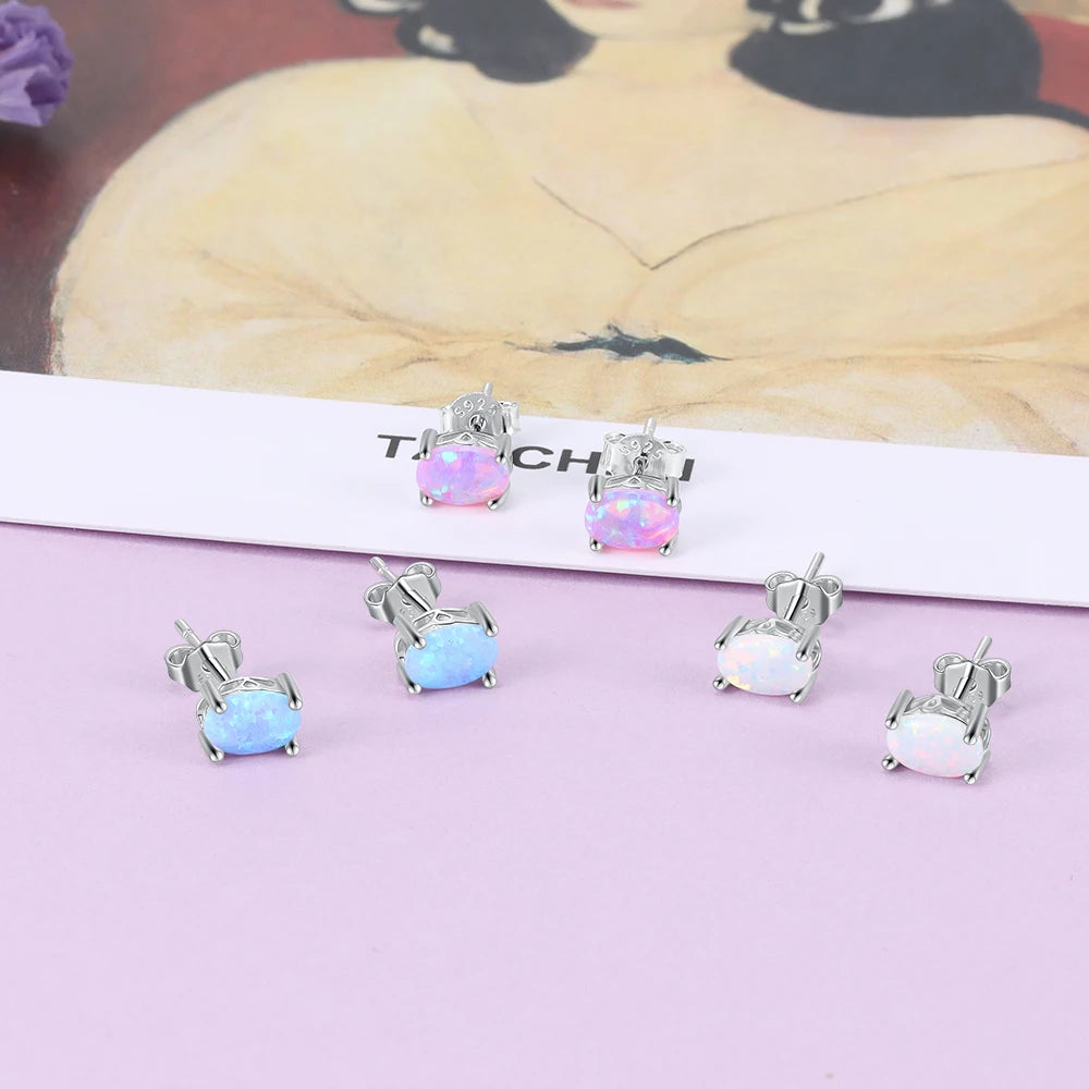 925 Sterling Silver Stud Earrings for Women Cute 4mm Created Oval White Pink Blue Fire Opal Earrings Fine Jewelry (Lam Hub Fong) - Uknowucme