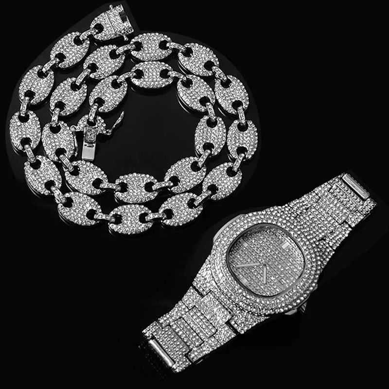 Watch +Chain+Bracelet HIP HOP Coffee Iced Out Alloy Bean Pig Nose Rhinestone Necklace Chain choker Necklaces for Men Jewelry - Uknowucme