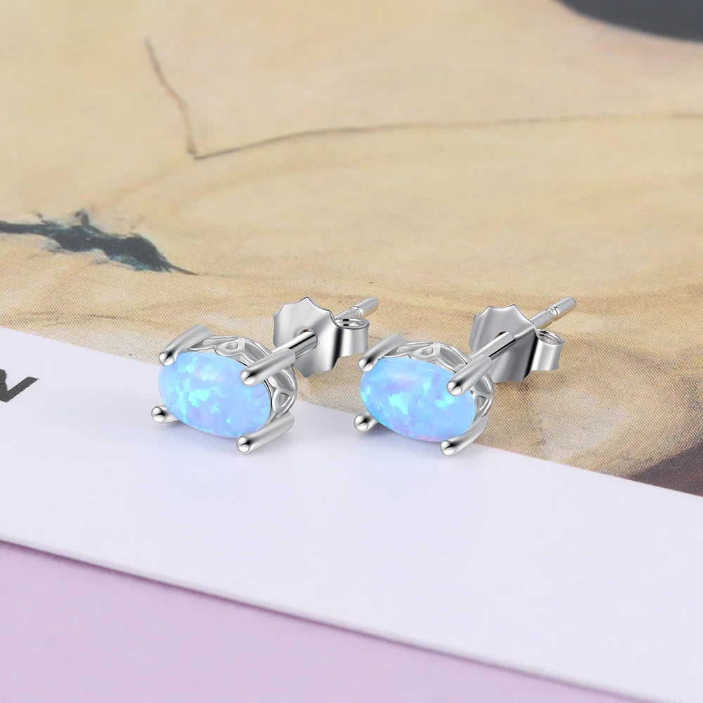 925 Sterling Silver Stud Earrings for Women Cute 4mm Created Oval White Pink Blue Fire Opal Earrings Fine Jewelry (Lam Hub Fong) - Uknowucme