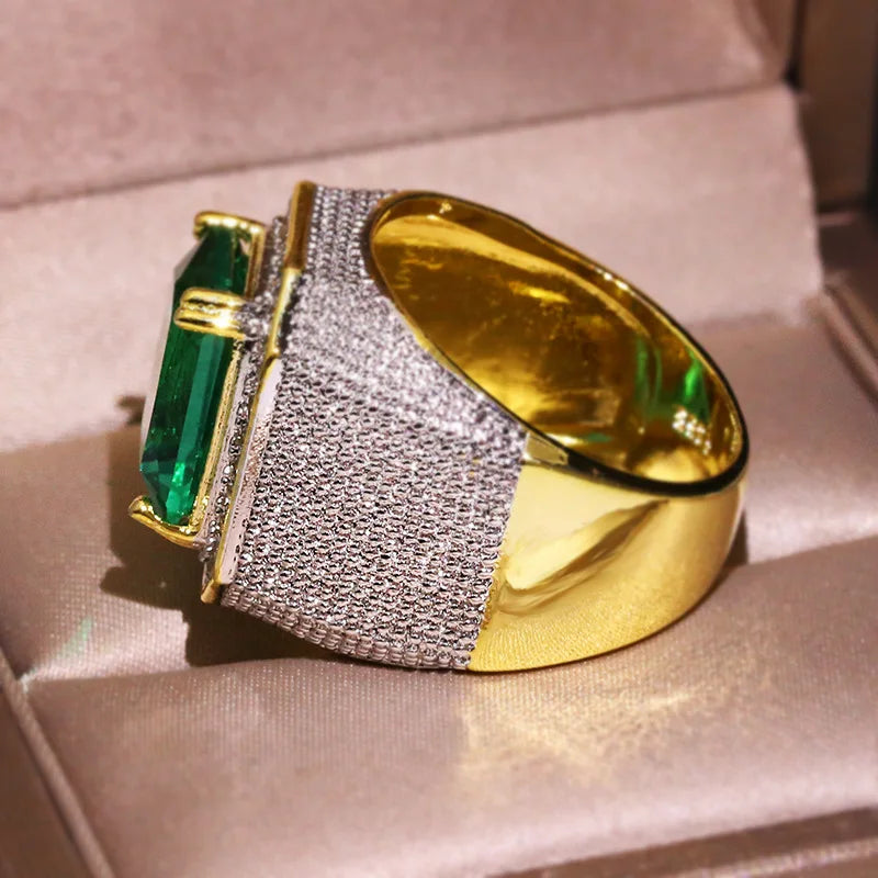 HOYON Dropshop 14K Yellow Gold Color Natural Emerald Ring for Men Green Gemstone AAA Zircon Jewelry Setting Ring Free Shipping - Uknowucme