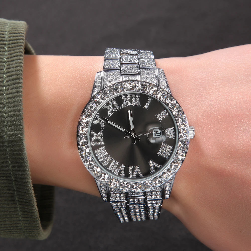 THE BLING KING Men's Watch Big Pink Purple Blue Dial Iced Out Quartz Clock Luxury Rhinestone Business Waterproof Wrist Watches - Uknowucme