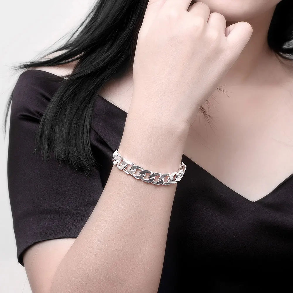 925 Silver 10MM Cuban Chain Bracelet for Women Men 8inch Silver Cuban Link Chain Wristband Classic Rock Heavy Male Jewelry Gift - Uknowucme
