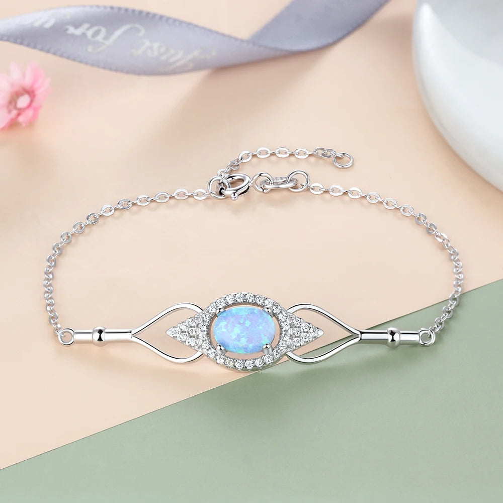 925 Sterling Silver Jewelry Sets for Women Cubic Zirconia Blue Opal Bracelet Earrings Chain Necklace Jewelry Sets (Lam Hub Fong) - Uknowucme
