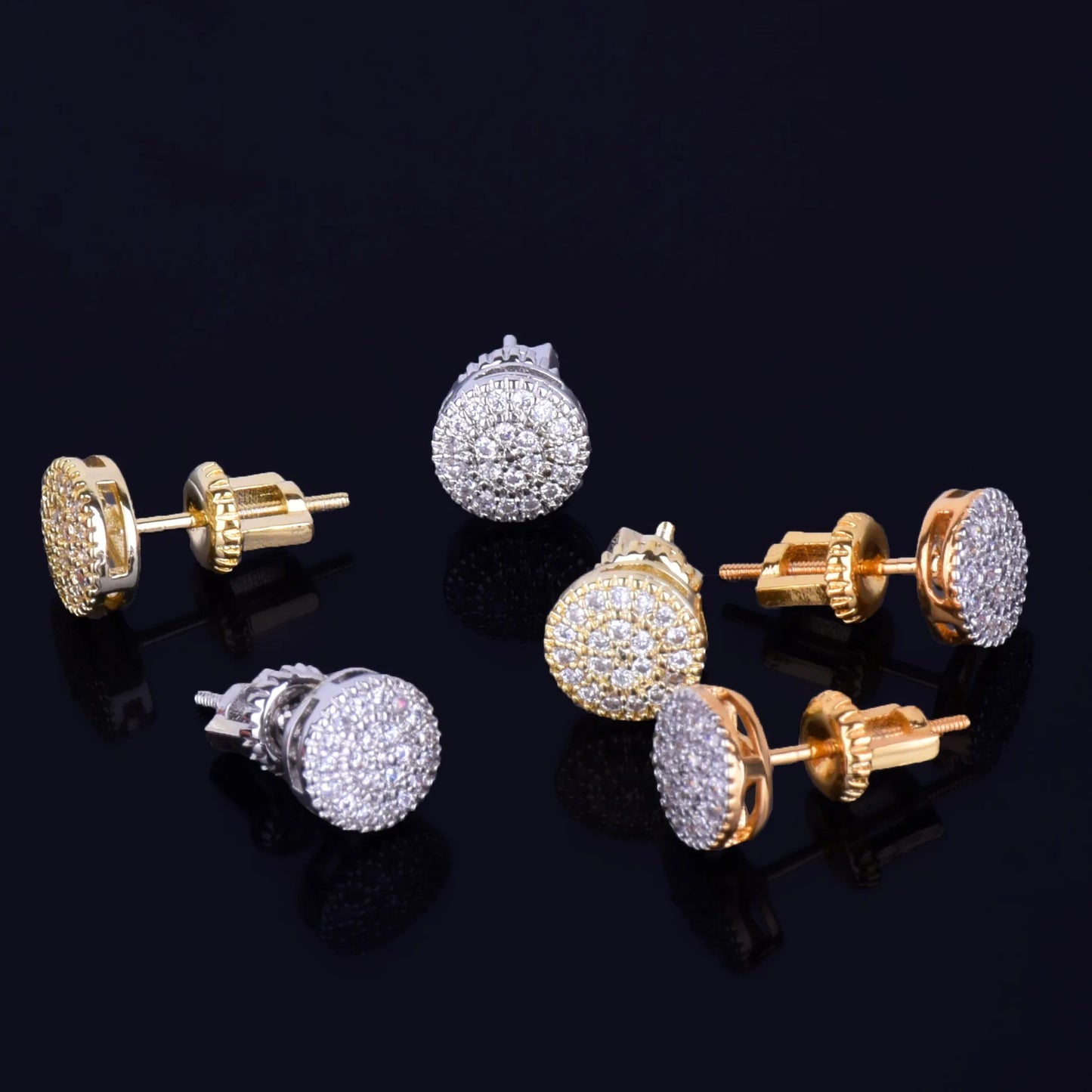 8MM Gold Color Small Round Stud Earring AAAA Cubic Zircon Screw Back Men Fashion Hip Hop Jewelry - Uknowucme