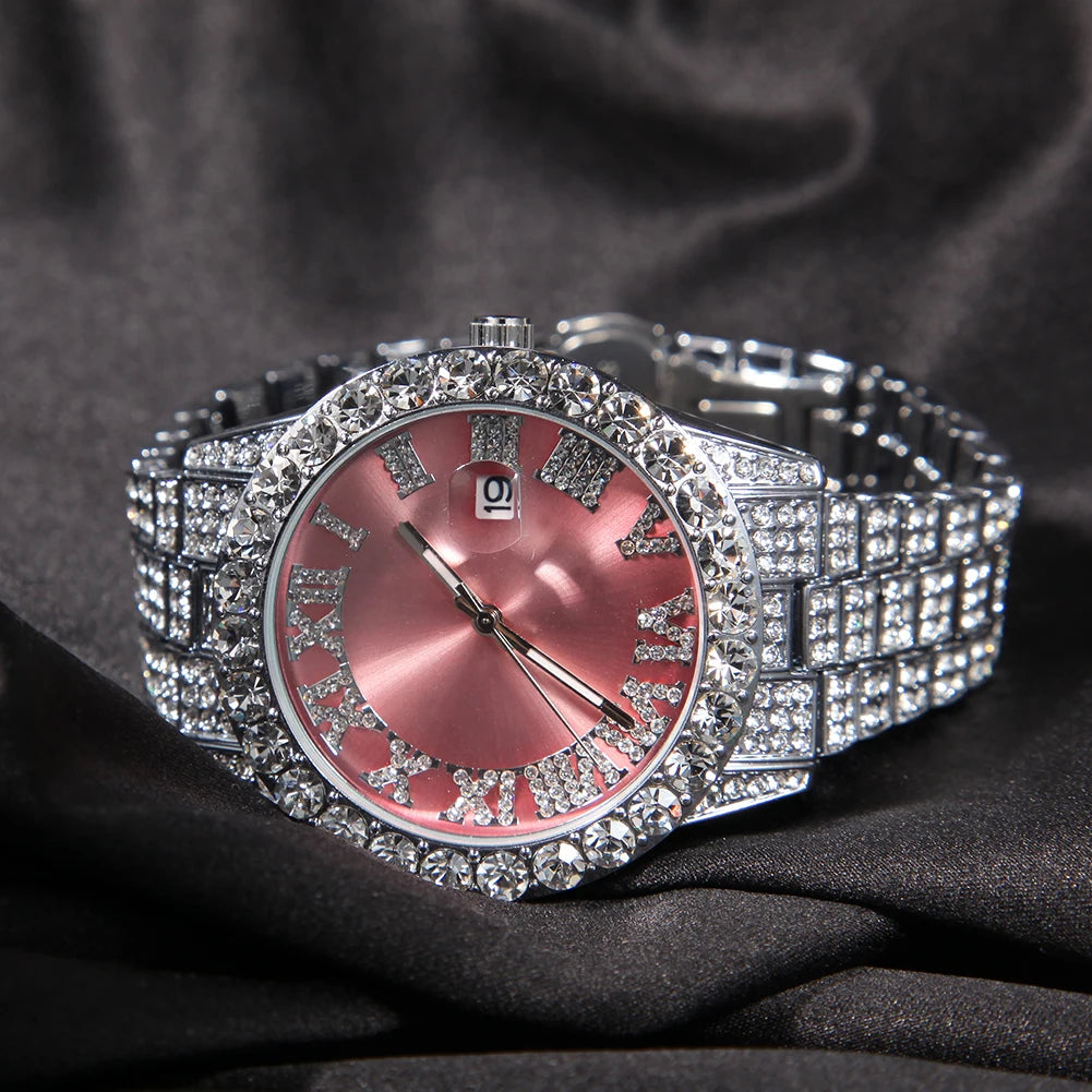 THE BLING KING Men's Watch Big Pink Purple Blue Dial Iced Out Quartz Clock Luxury Rhinestone Business Waterproof Wrist Watches - Uknowucme