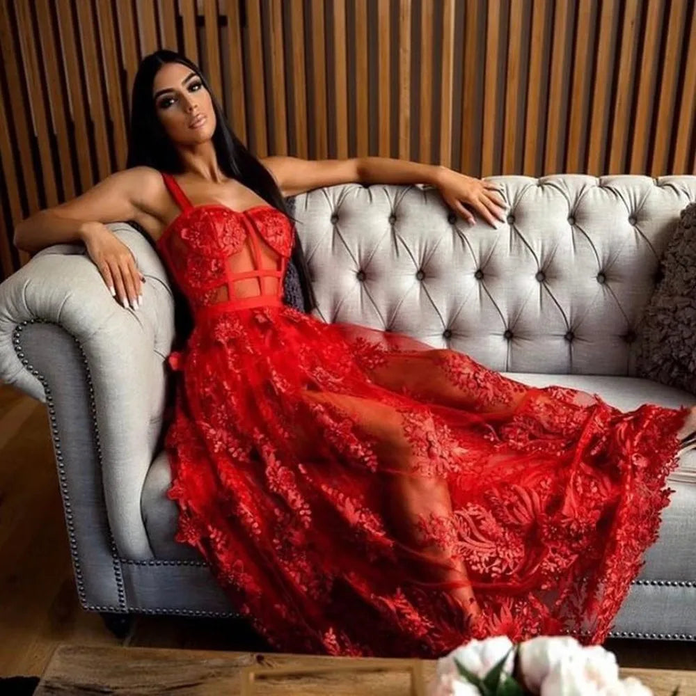 Red Color Celebrity Fashion Dress Sleeveless Sexy Backless Lace Long Dress Women's Wedding Party Dress Top Quality - Uknowucme