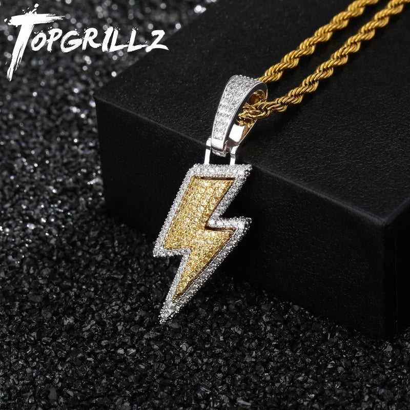 TOPGRILLZ Iced Out Bling Lightning Pendants With Tennis Chain Copper Material AAA Cubic Zircon Men's Hip Hop Jewelry Gift - Uknowucme