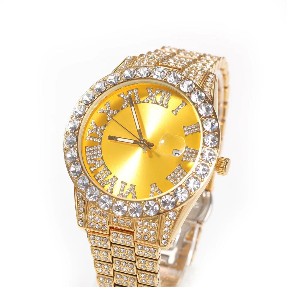 THE BLING KING Men's Watch Big Pink Purple Blue Dial Iced Out Quartz Clock Luxury Rhinestone Business Waterproof Wrist Watches - Uknowucme