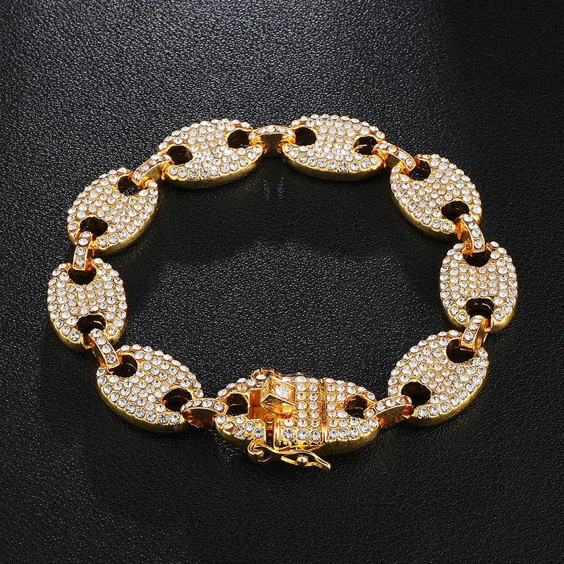 Watch +Chain+Bracelet HIP HOP Coffee Iced Out Alloy Bean Pig Nose Rhinestone Necklace Chain choker Necklaces for Men Jewelry - Uknowucme