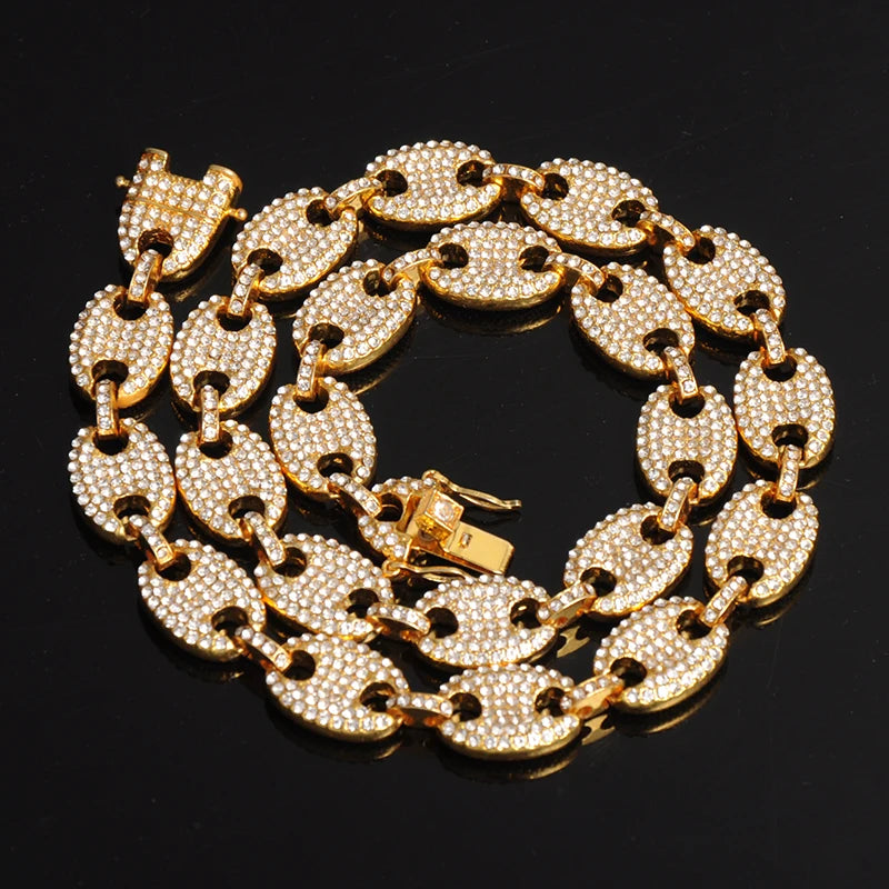 Watch +Chain+Bracelet HIP HOP Coffee Iced Out Alloy Bean Pig Nose Rhinestone Necklace Chain choker Necklaces for Men Jewelry - Uknowucme