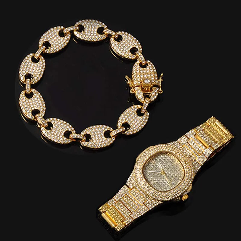 Watch +Chain+Bracelet HIP HOP Coffee Iced Out Alloy Bean Pig Nose Rhinestone Necklace Chain choker Necklaces for Men Jewelry - Uknowucme