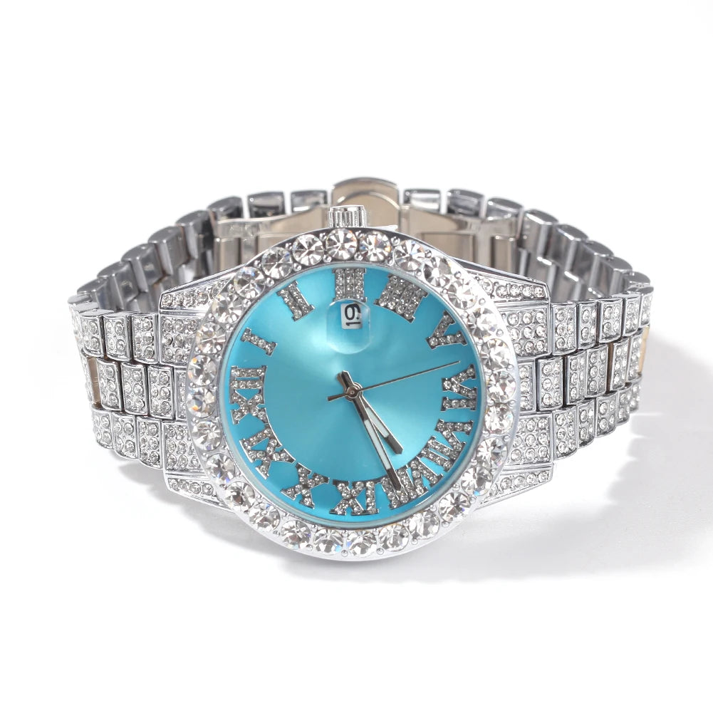 THE BLING KING Men's Watch Big Pink Purple Blue Dial Iced Out Quartz Clock Luxury Rhinestone Business Waterproof Wrist Watches - Uknowucme