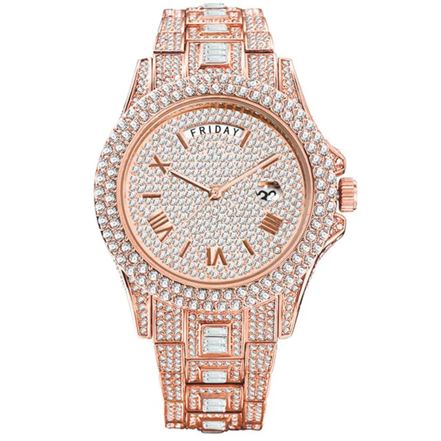 MISSFOX New Day Date Watch For Men Luxury Full Diamond Silver Quartz Wristwatch Hip Hop Iced Out Waterproof Watches Dropshipping - Uknowucme