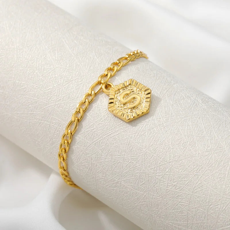Hexagon Initial Anklet Gold Color Anklets for Women Girls Foot Cuban Link Chain Ankle Bracelet on the Leg Fashion Boho Jewelry - Uknowucme