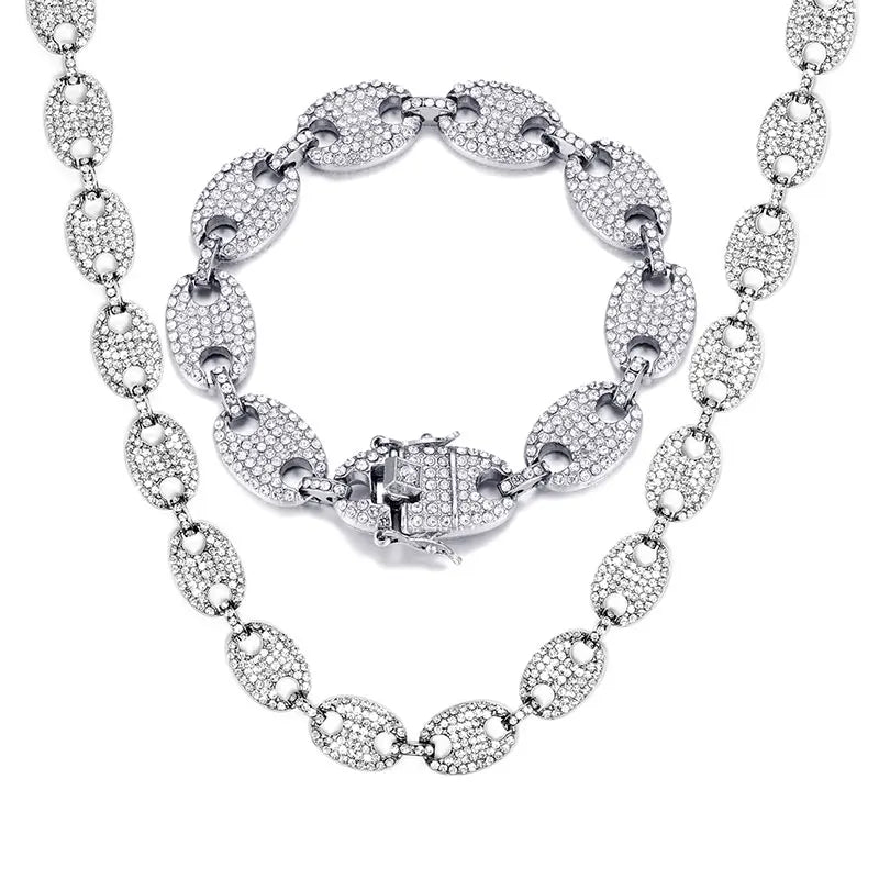 Watch +Chain+Bracelet HIP HOP Coffee Iced Out Alloy Bean Pig Nose Rhinestone Necklace Chain choker Necklaces for Men Jewelry - Uknowucme