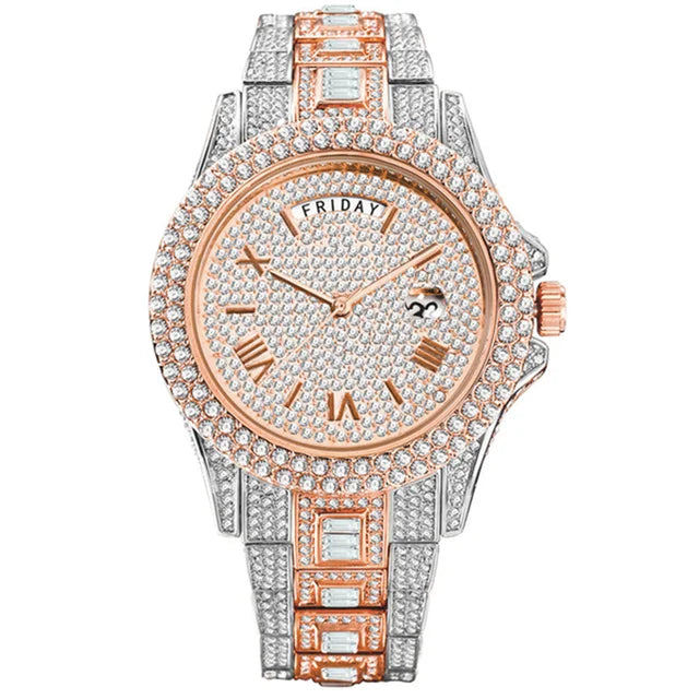 MISSFOX New Day Date Watch For Men Luxury Full Diamond Silver Quartz Wristwatch Hip Hop Iced Out Waterproof Watches Dropshipping - Uknowucme