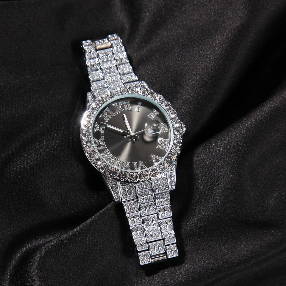 THE BLING KING Men's Watch Big Pink Purple Blue Dial Iced Out Quartz Clock Luxury Rhinestone Business Waterproof Wrist Watches - Uknowucme