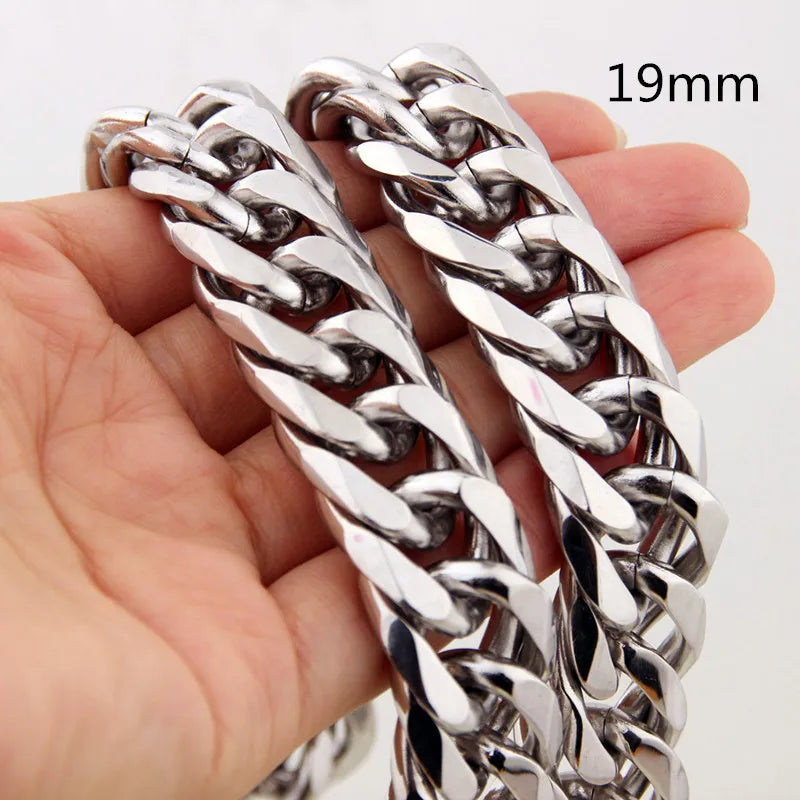 Miami Cuban Chains For Men Hip Hop Jewelry Wholesale Silver Color Thick Stainless Steel Big Chunky Necklace 13MM/16mm/19mm/21mm - Uknowucme