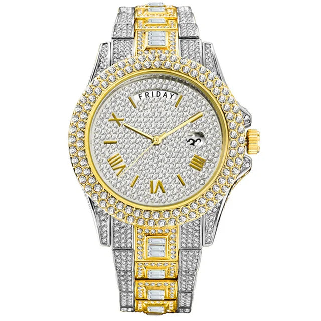 MISSFOX New Day Date Watch For Men Luxury Full Diamond Silver Quartz Wristwatch Hip Hop Iced Out Waterproof Watches Dropshipping - Uknowucme