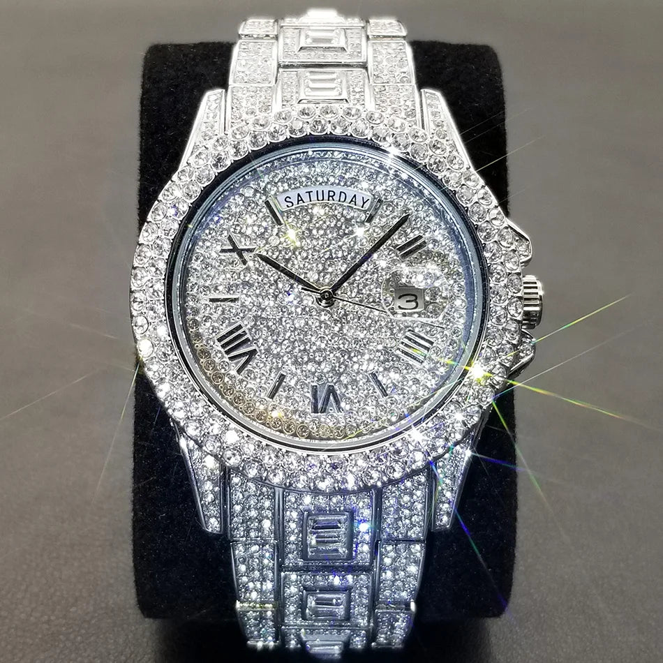 MISSFOX New Day Date Watch For Men Luxury Full Diamond Silver Quartz Wristwatch Hip Hop Iced Out Waterproof Watches Dropshipping - Uknowucme