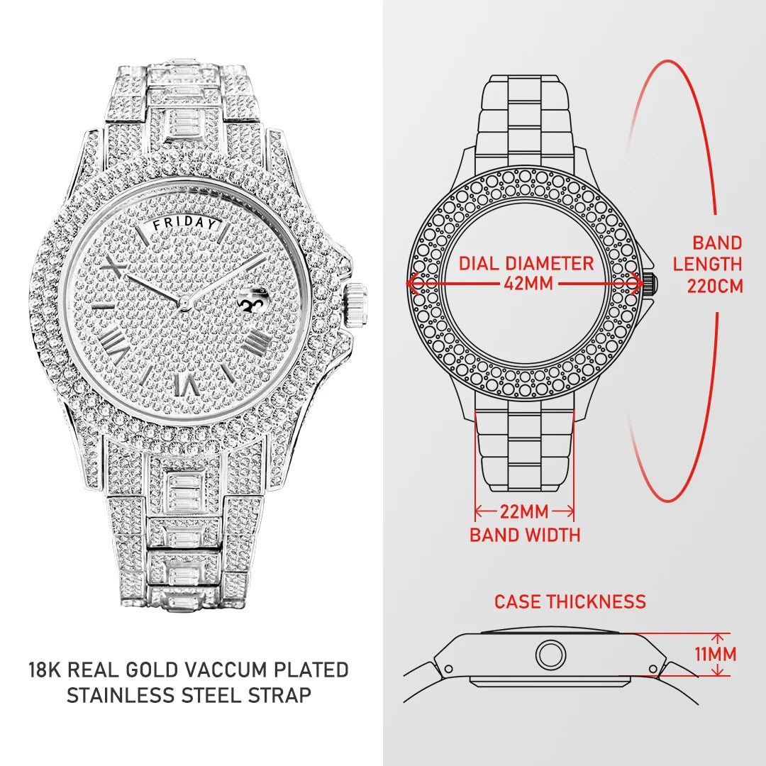 MISSFOX New Day Date Watch For Men Luxury Full Diamond Silver Quartz Wristwatch Hip Hop Iced Out Waterproof Watches Dropshipping - Uknowucme