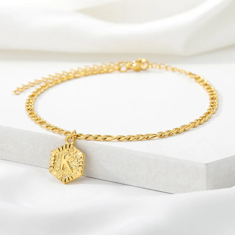 Hexagon Initial Anklet Gold Color Anklets for Women Girls Foot Cuban Link Chain Ankle Bracelet on the Leg Fashion Boho Jewelry - Uknowucme