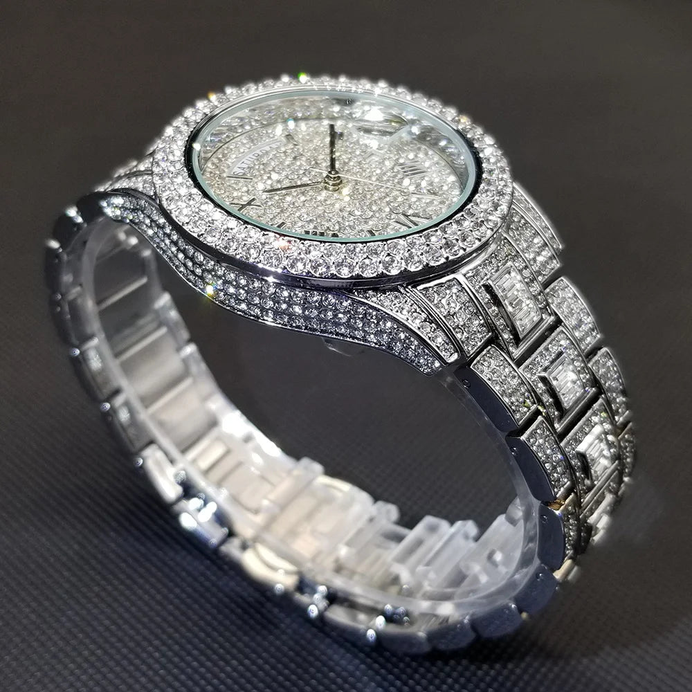 MISSFOX New Day Date Watch For Men Luxury Full Diamond Silver Quartz Wristwatch Hip Hop Iced Out Waterproof Watches Dropshipping - Uknowucme