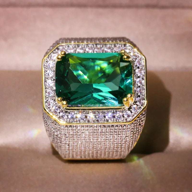 HOYON Dropshop 14K Yellow Gold Color Natural Emerald Ring for Men Green Gemstone AAA Zircon Jewelry Setting Ring Free Shipping - Uknowucme