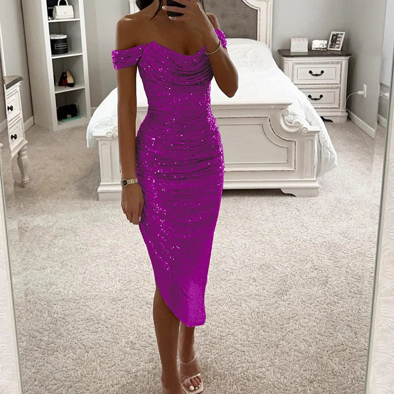 Sexy Sequin Patchwork Simple Maxi Dress, Women Summer Holiday Strapless Slim Party Dress, V Neck Elegant Ladies Dress Vestidos - Uknowucme