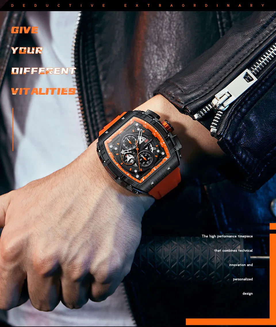 MINI FOCUS Chronograph Quartz Watch for Men Tonneau Dial Military Sport Wristwatch with Orange Silicone Strap Auto Date 0399 - Uknowucme