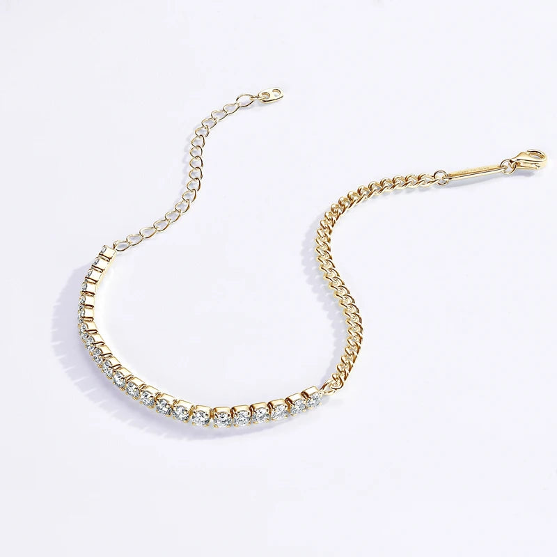 Anziw 100% Real 925 Silver Bracelet 3mm D Color Moissanite 18k Gold Plated Half Tennis Cuban Bracelet for Women Original Jewelry - Uknowucme