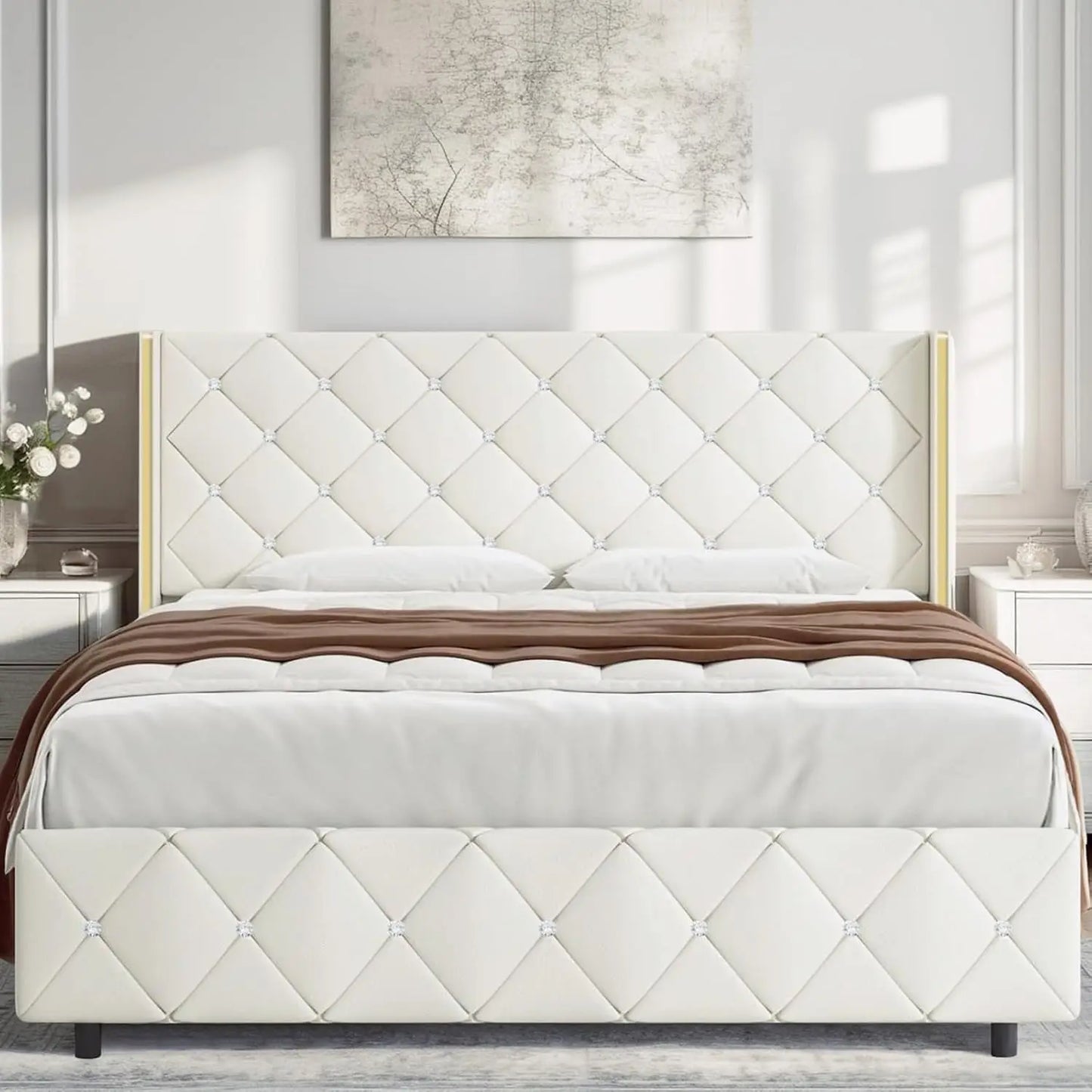 King Size Bed Frame, Velvet Upholstered Platform Bed King Size with Diamond Tufted Headboard and Footboard, Wooden Slats Support - Uknowucme
